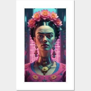 Frida's Neon Blooms: Modern Illustrative Portrait Posters and Art